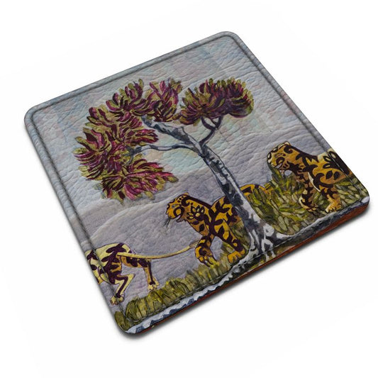 Square Leather Coaster - Tigers in Search